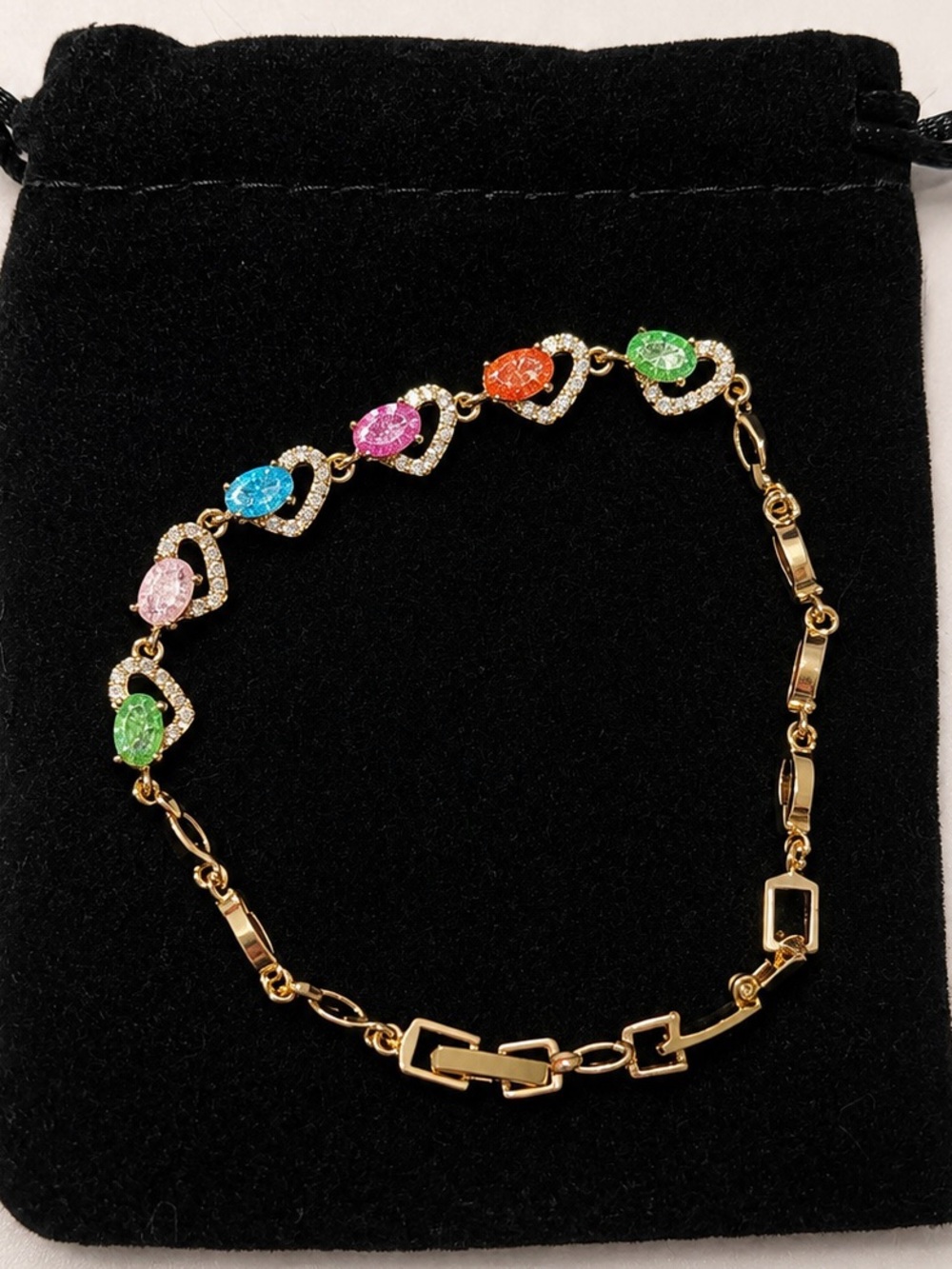 Gold Multicolor Heart Link Bracelet with Crystal Accents